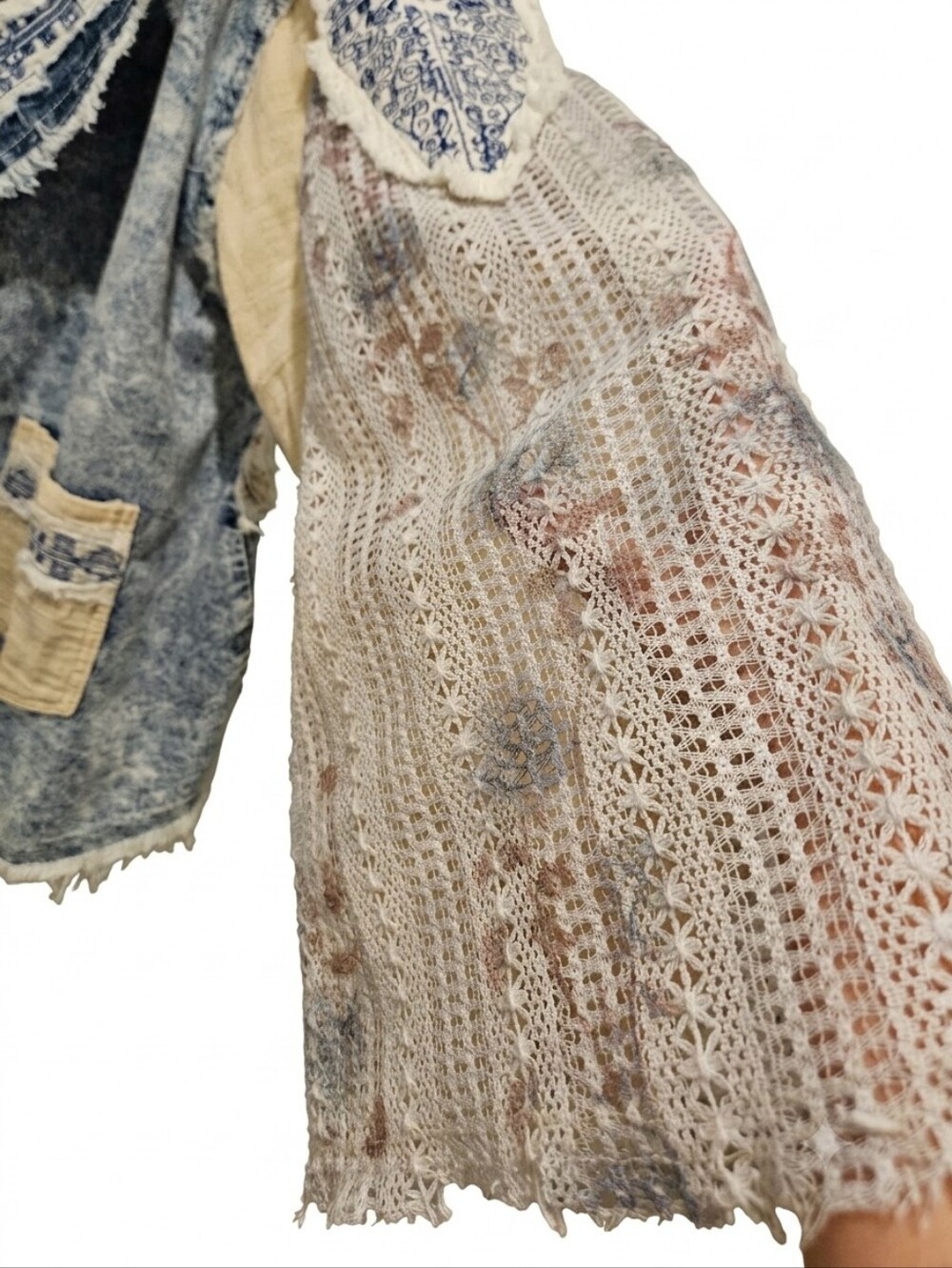 POL Patchwork Boho Crochet Lace Fringe Open Front Jacket - Medium - Picture 5 of 8